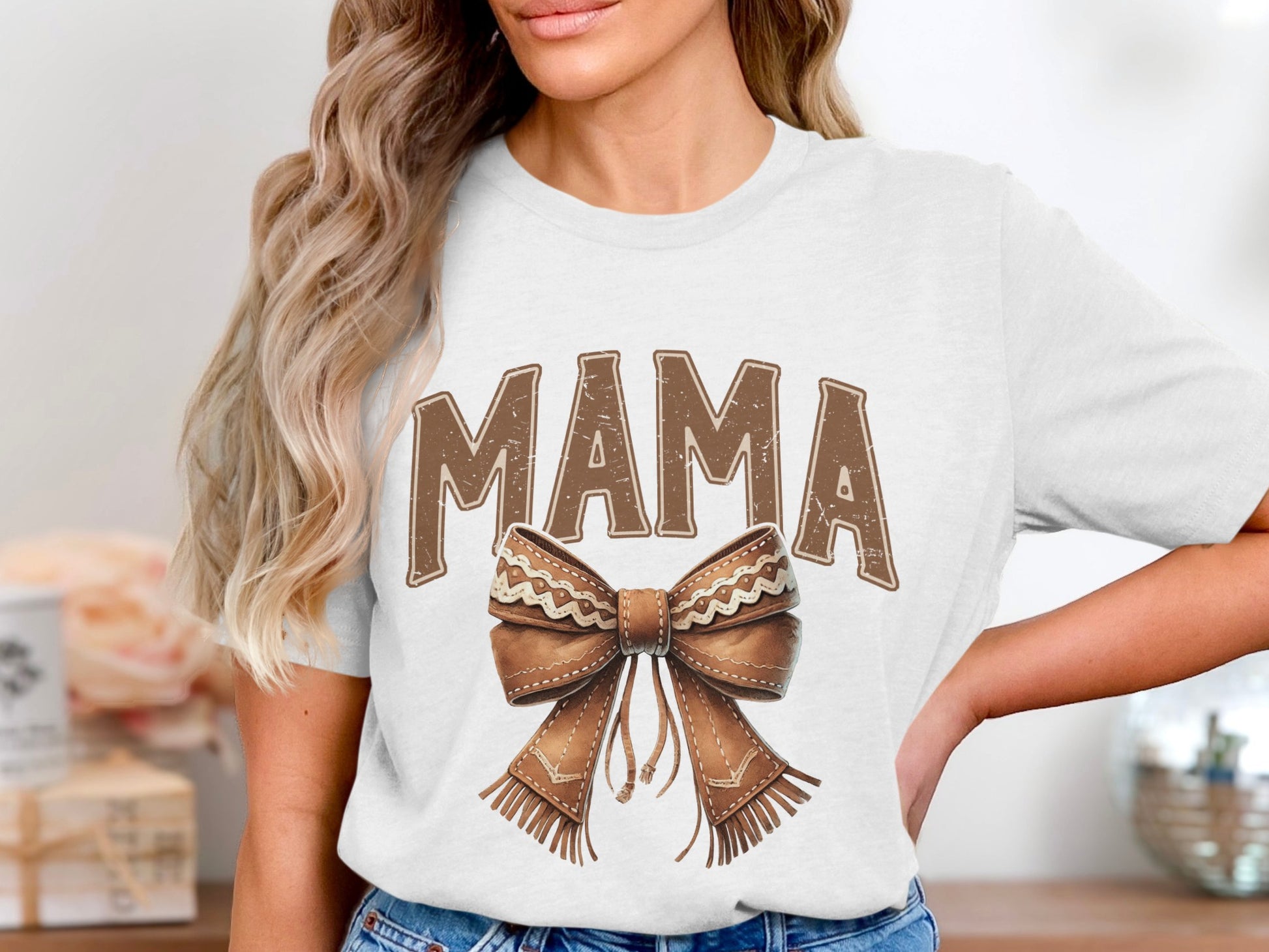 Mama Graphic Tee with Brown Bow Design