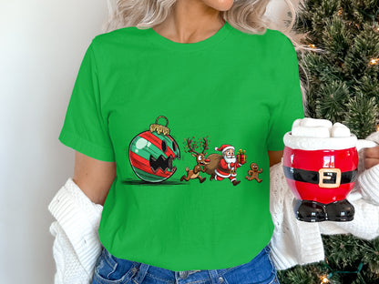 Festive Green Shirt with Santa and Reindeers Design
