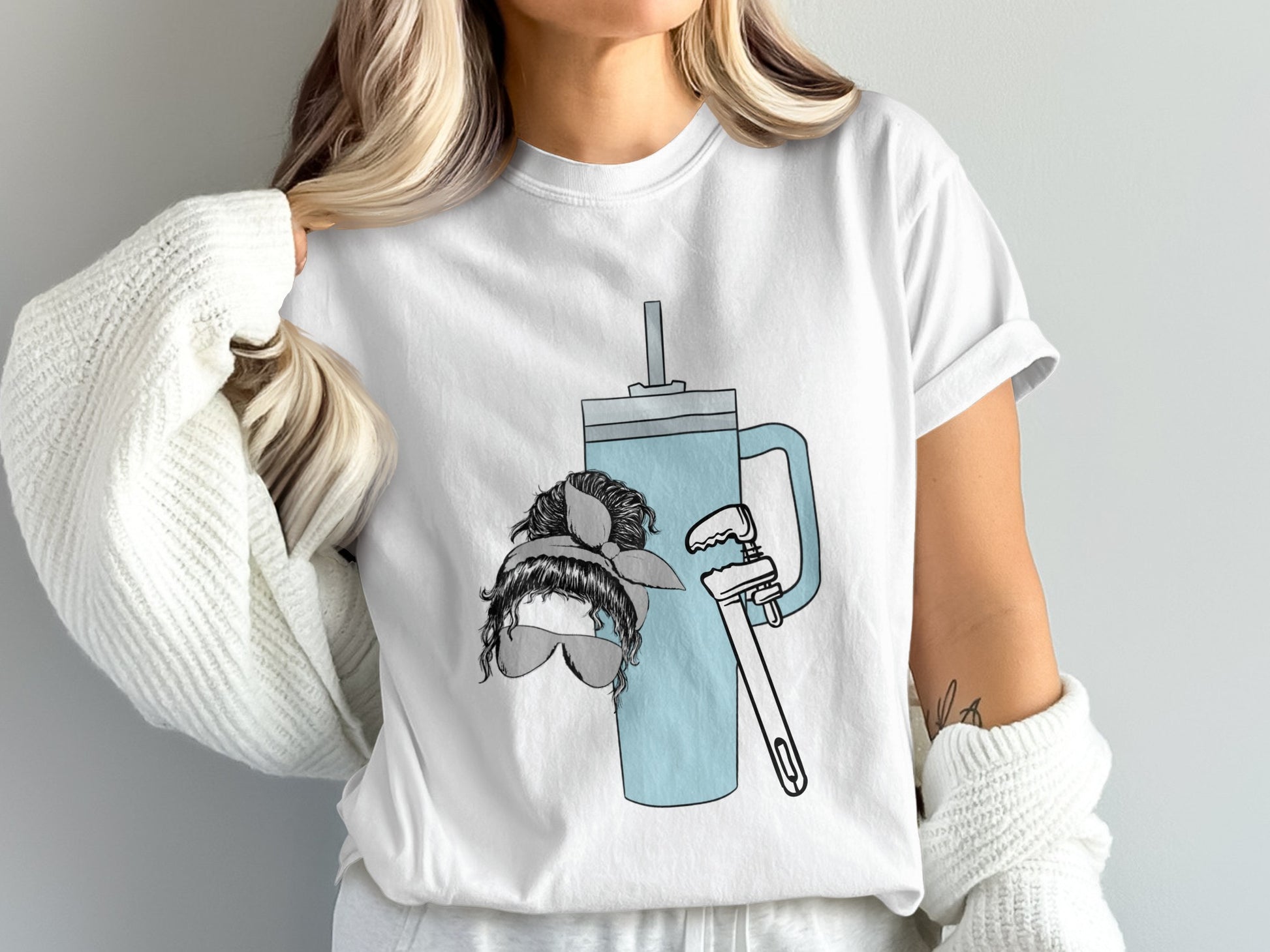 Trendy Coffee Cup and Wrench Graphic T-Shirt