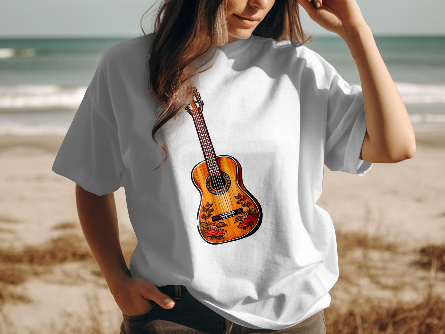 Artistic Guitar Print Design on Casual White T-shirt