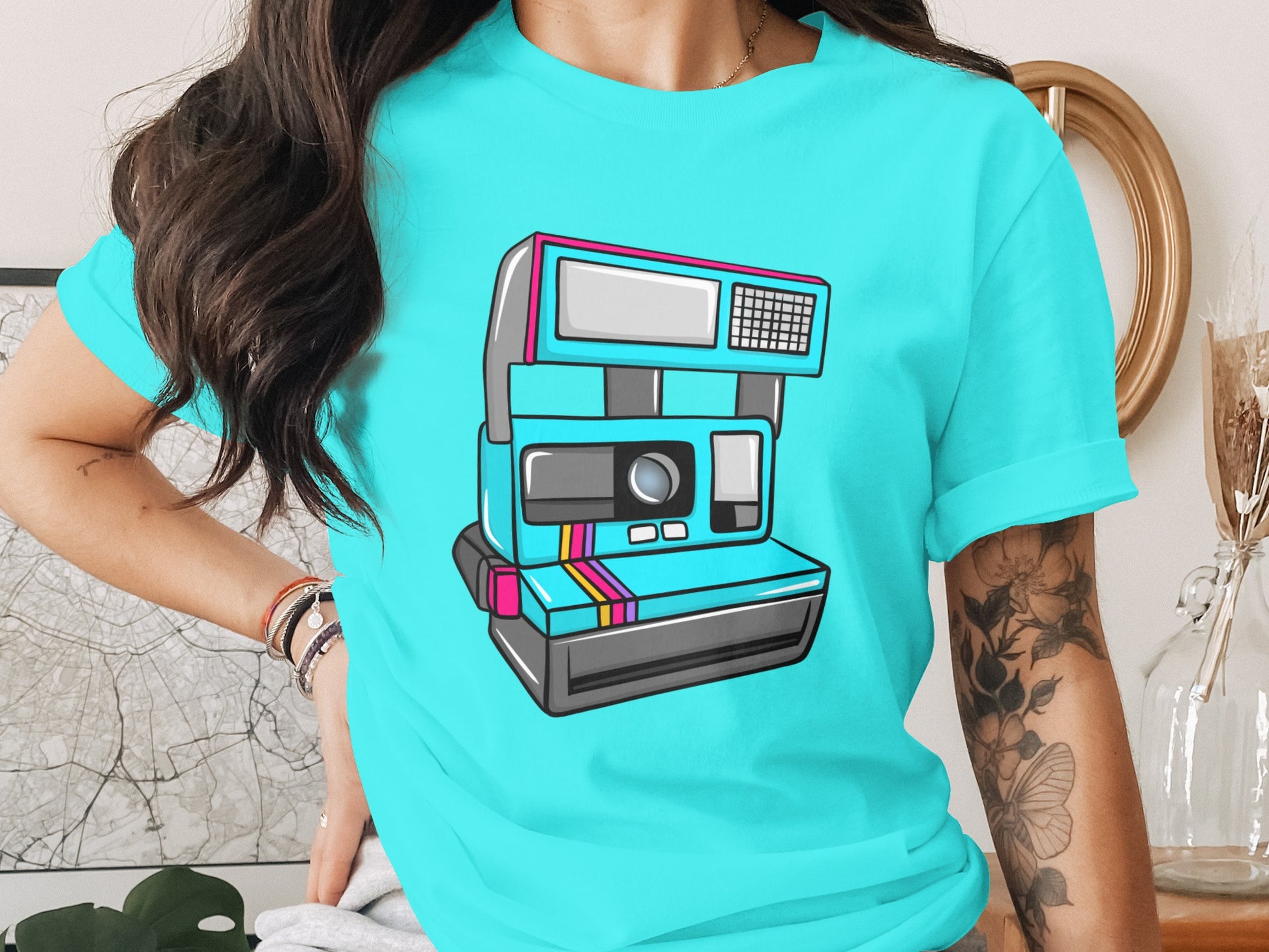 Retro Camera Graphic on Bright Blue T-Shirt