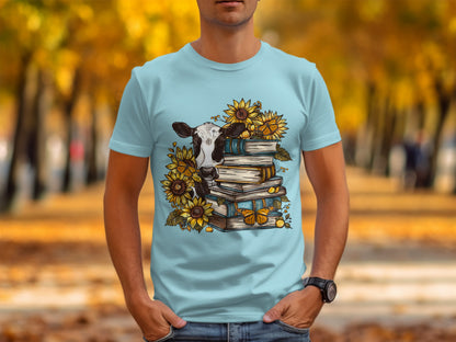 Sunflowers and Cow with Books Graphic T-Shirt