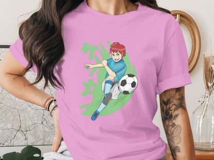 Vibrant Anime Soccer Graphic Pink T-Shirt