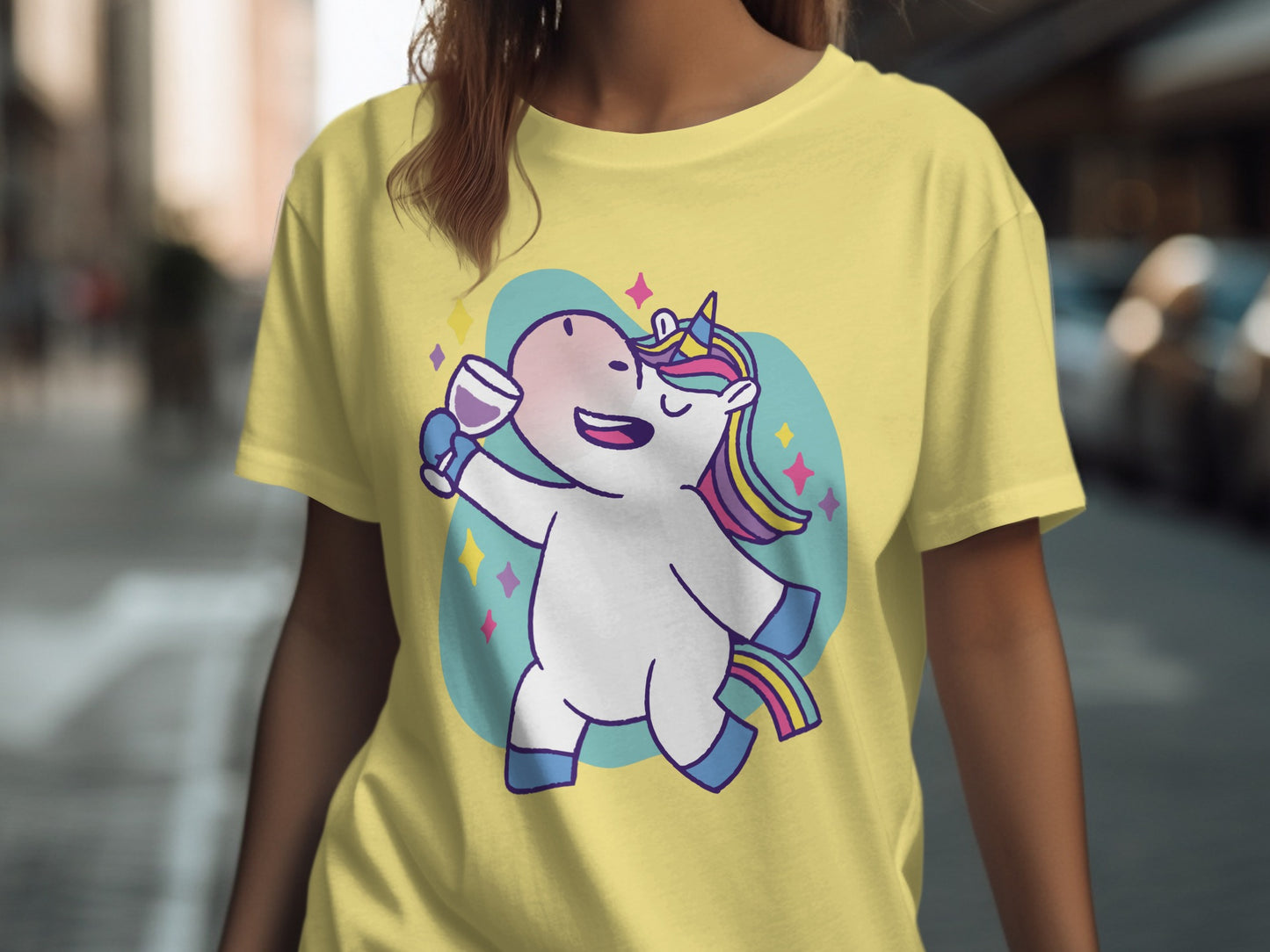Cheerful Unicorn with Glass of Wine Graphic T-Shirt