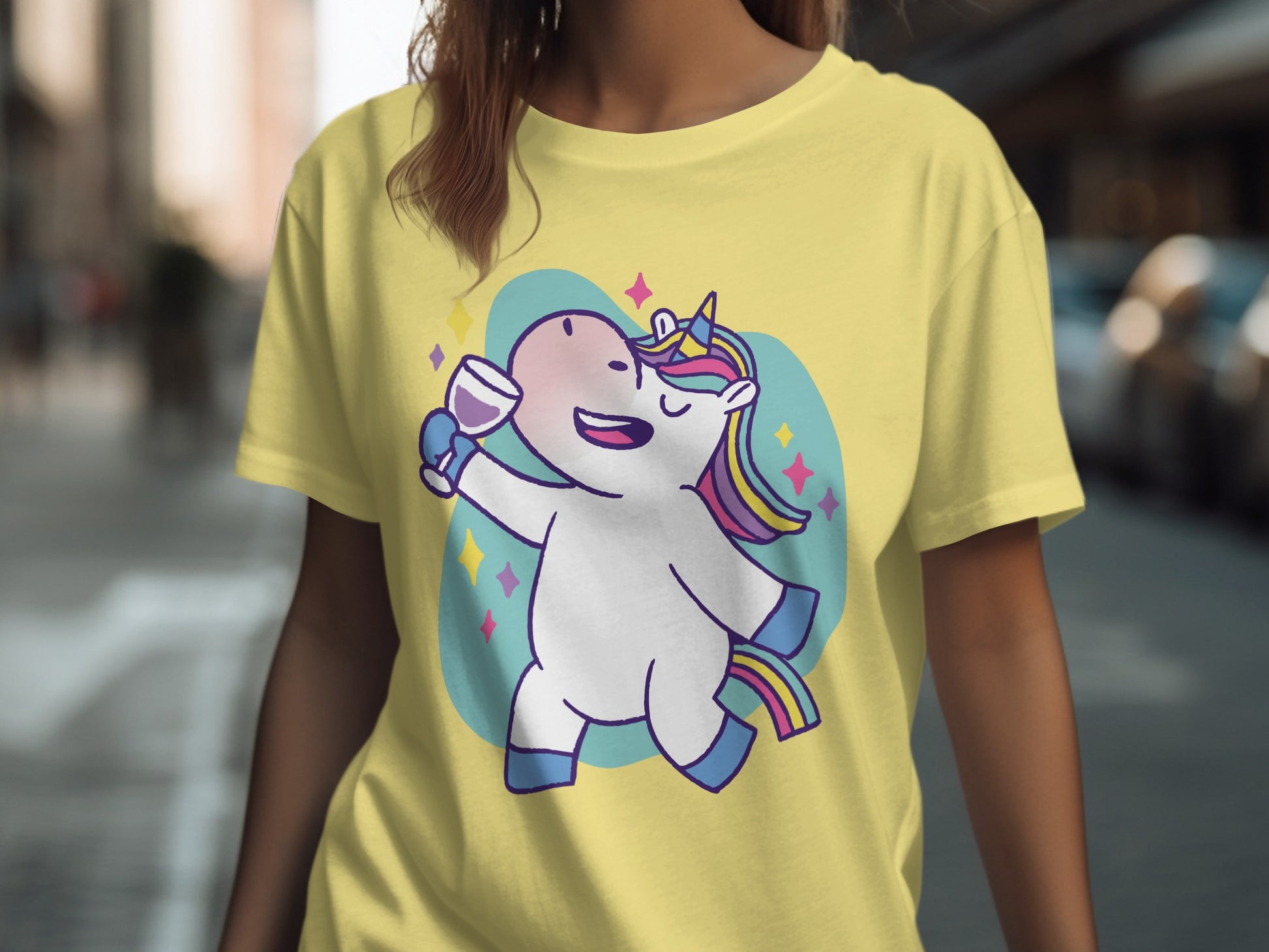 Cheerful Unicorn with Glass of Wine Graphic T-Shirt