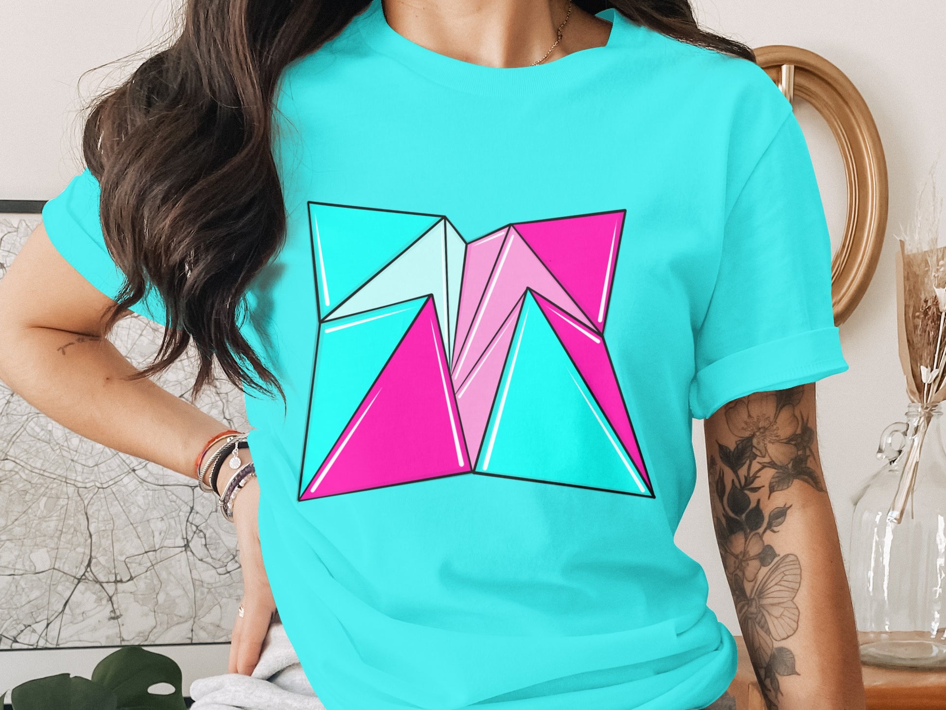 Abstract Geometric Design on Blue Tee Shirt Product