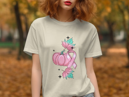 Pink Ribbon Pumpkin and Leaves T-shirt