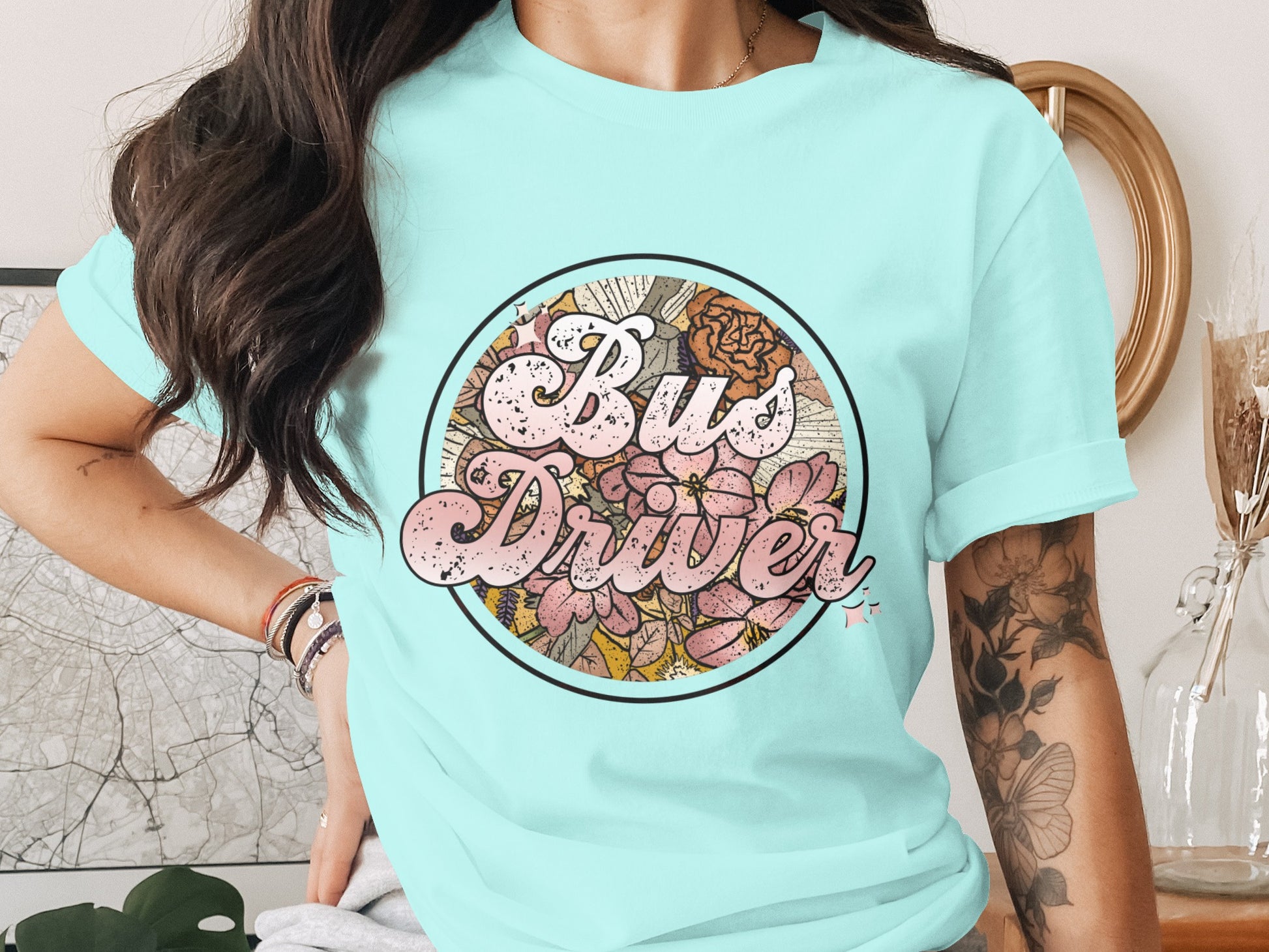 Bus Driver Graphic T-shirt Circular Floral Design