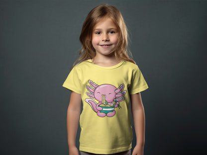 Cute Pink Noodle Eating Creature on Yellow Shirt