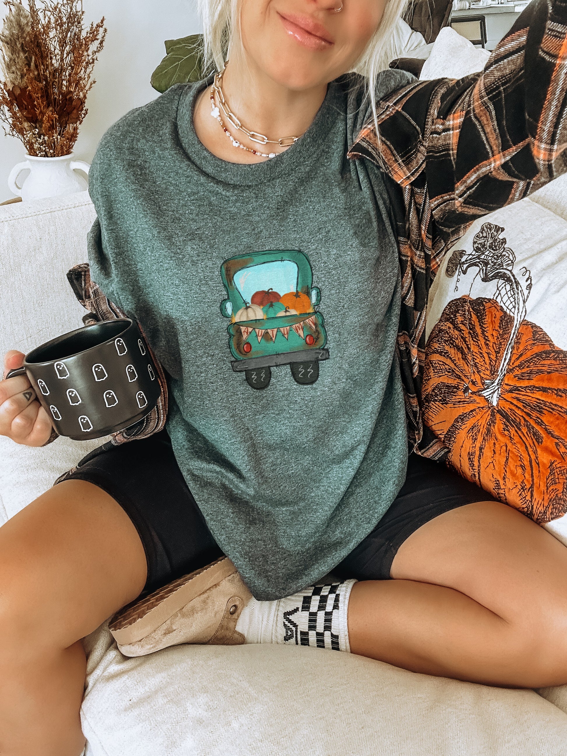 Cozy Pumpkin Truck Graphic Tee Shirt for Autumn