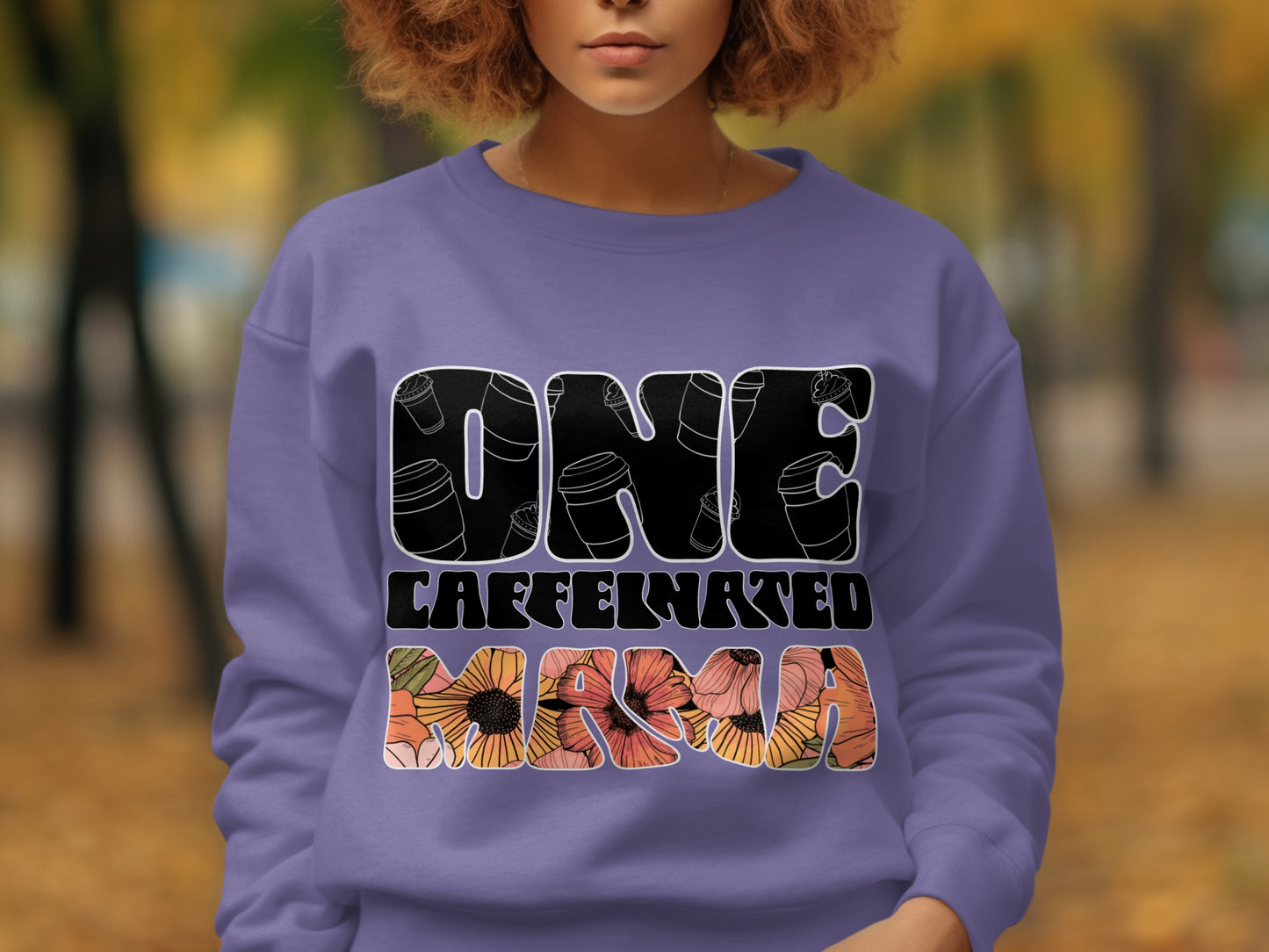 One Caffeinated Karma design on purple sweatshirt