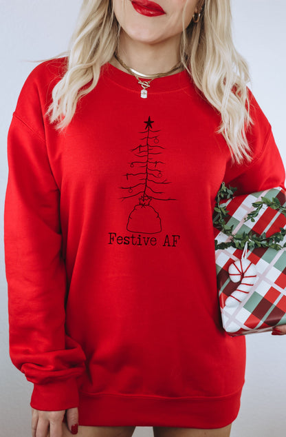 Festive AF Red Sweatshirt with Christmas Tree Print