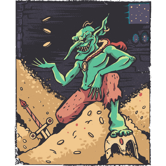 Mischievous Goblin Over Treasures Illustration Print