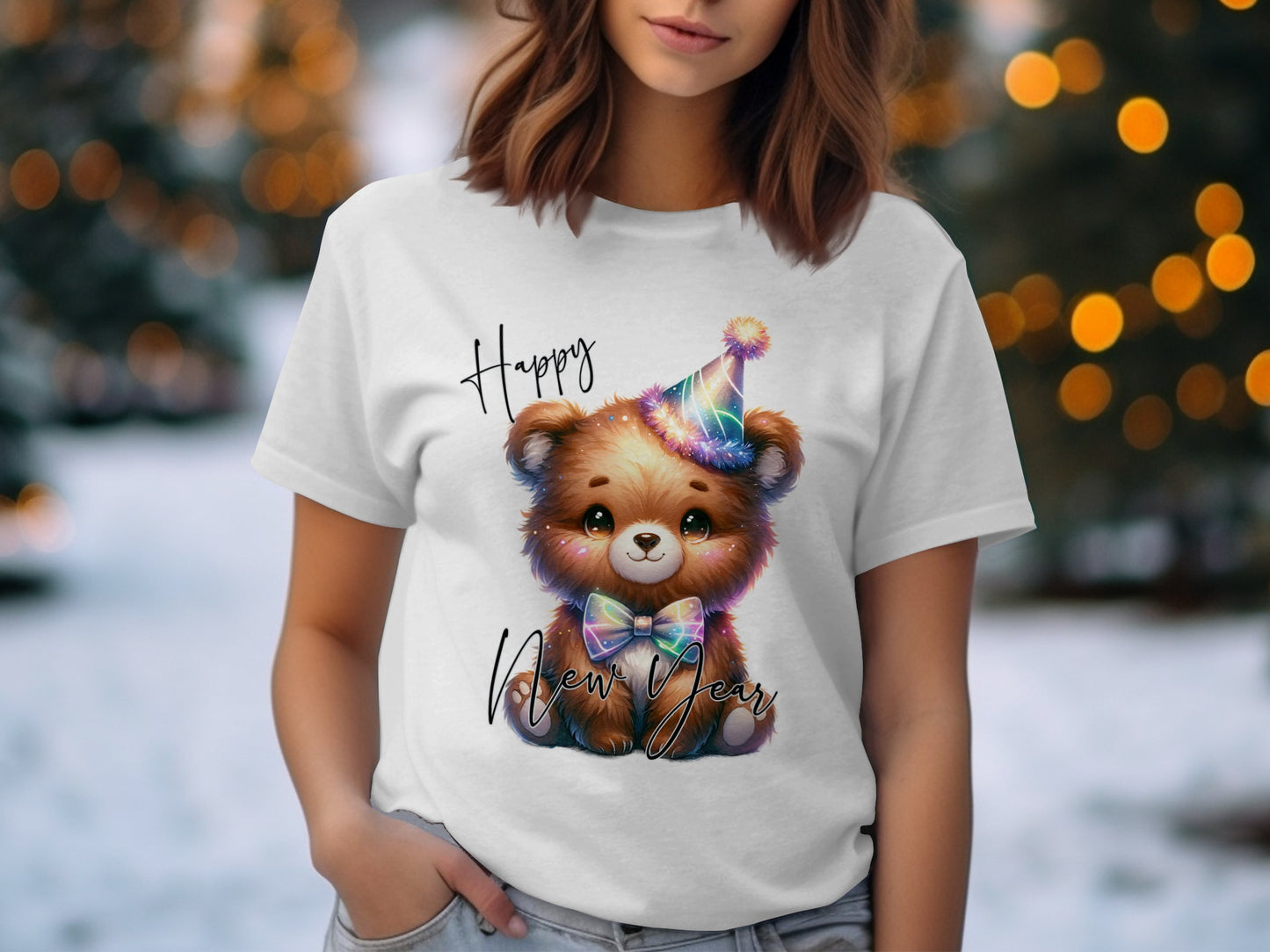 Happy New Year Bear Shirt with Festive Hat and Bow Tie