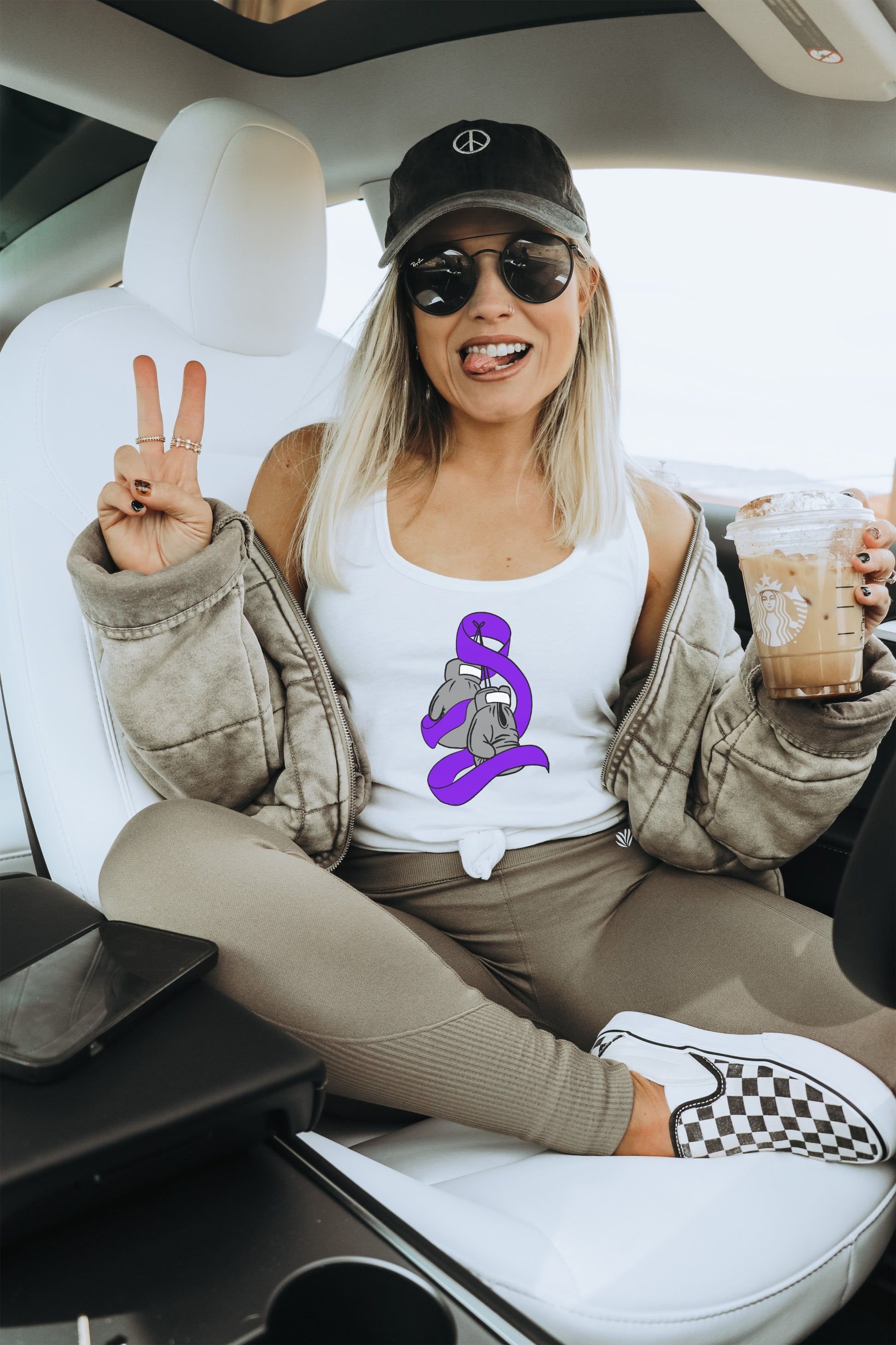 Peace Sign Girl with Coffee Graphic Tank Top