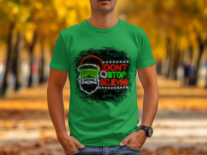 Don't Stop Believing Santa Neon Graphic T-Shirt