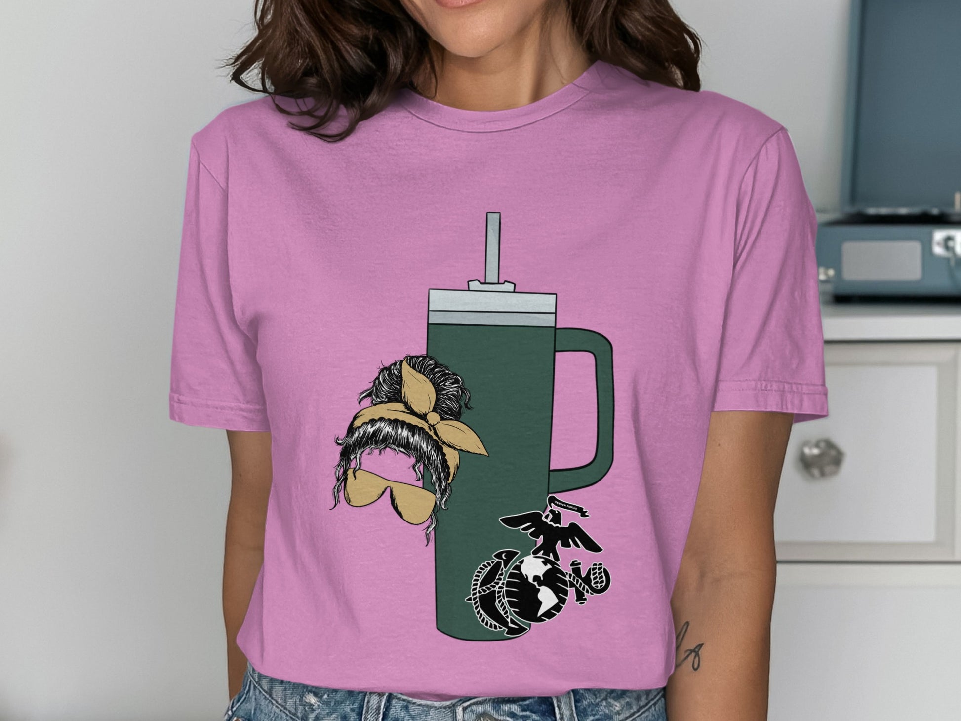 Whimsical Pink T-Shirt with Artistic Green Mug Design