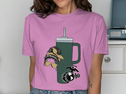 Whimsical Pink T-Shirt with Artistic Green Mug Design