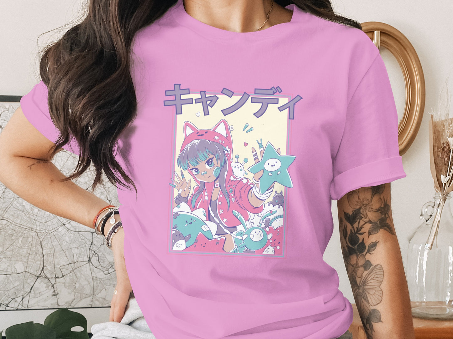 Anime Girl Characters Pink Graphic Tee Shirt