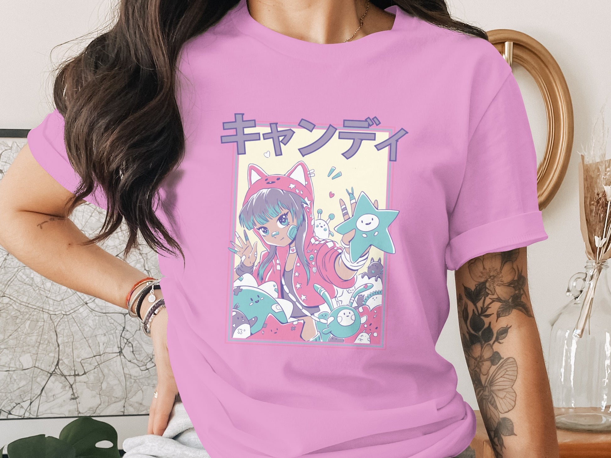 Anime Girl Characters Pink Graphic Tee Shirt