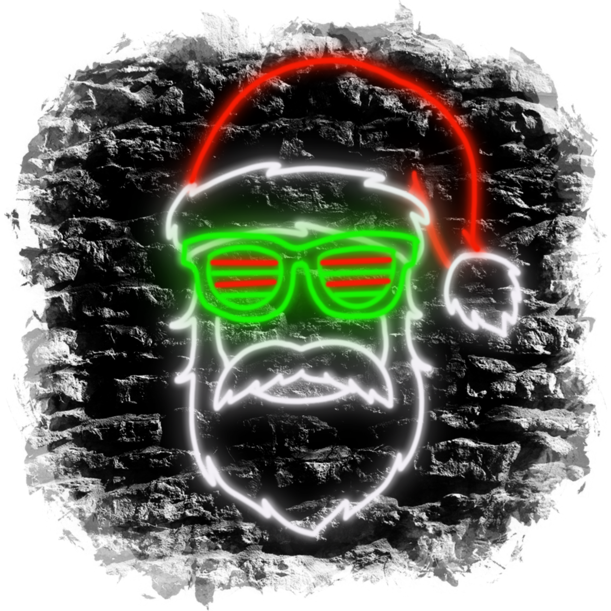 Neon Lit Santa In Sunglasses Dark Brick Wall Art Print