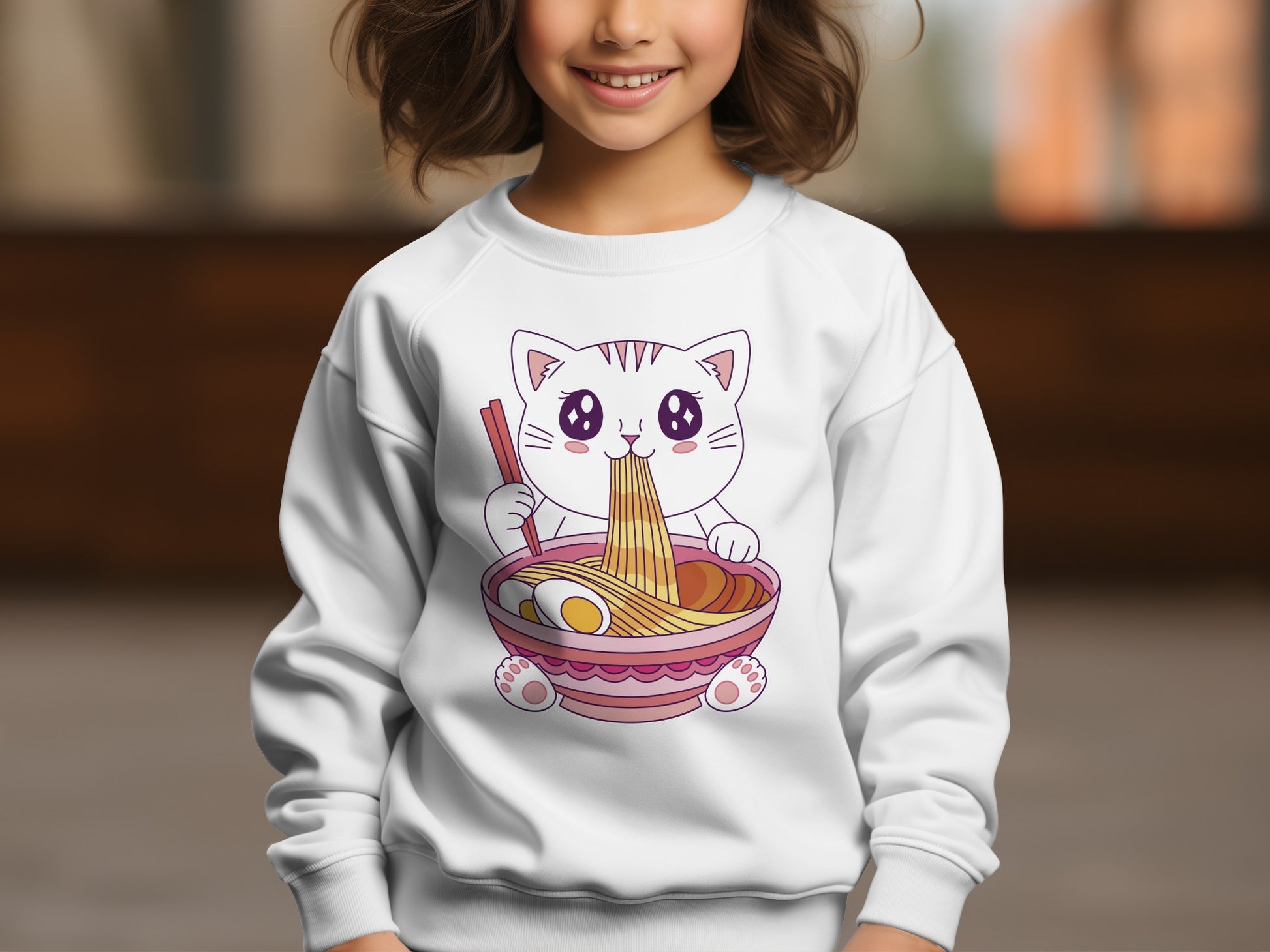 Cute Noodle Eating Cat Graphic Sweatshirt for Kids