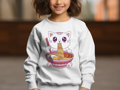 Cute Noodle Eating Cat Graphic Sweatshirt for Kids