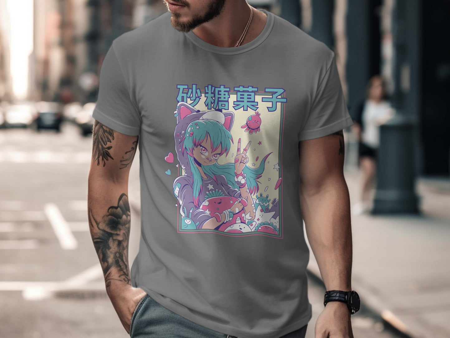 Cute Anime Gamer Cat Character Grey T-shirt Product