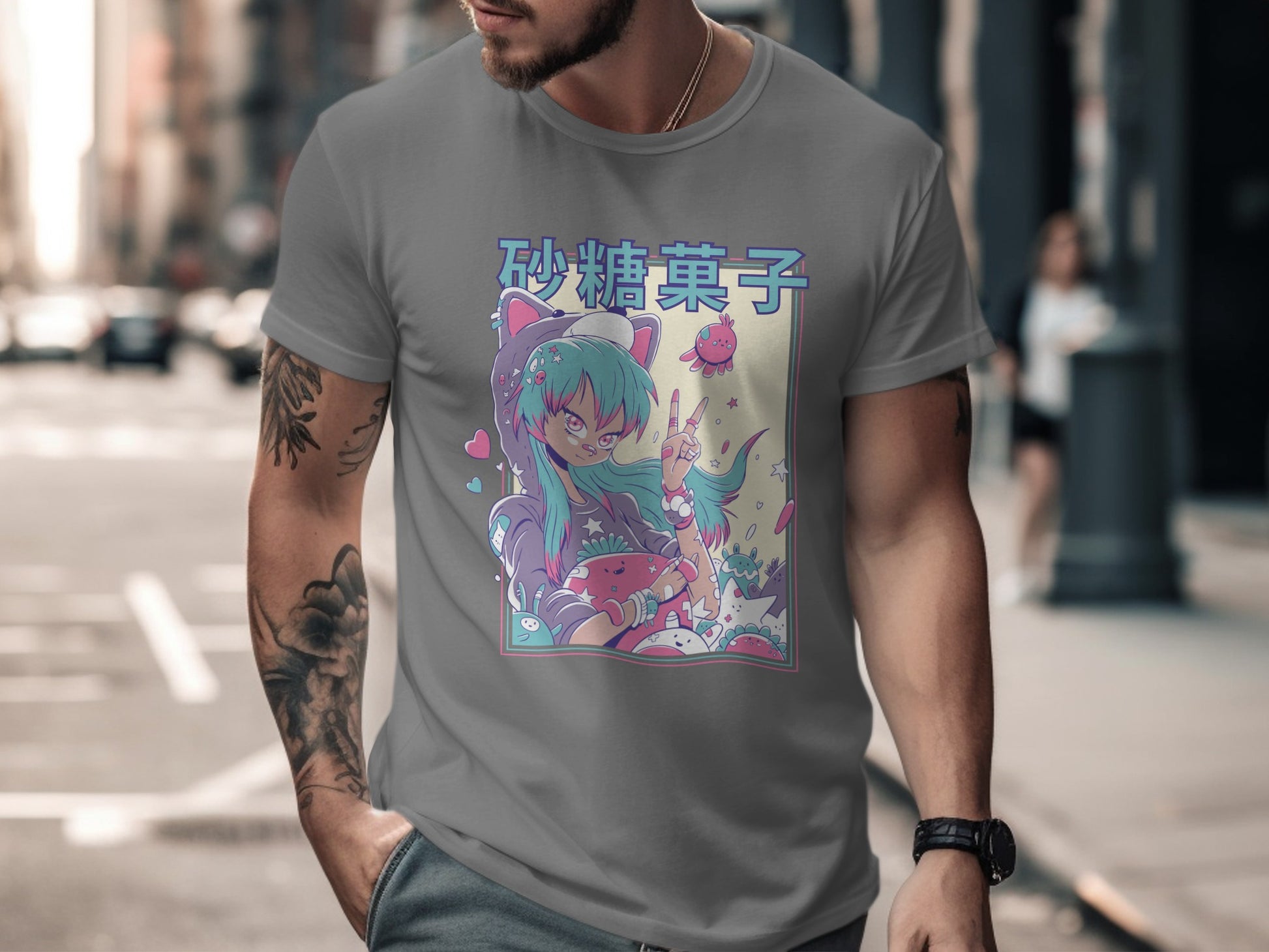 Cute Anime Gamer Cat Character Grey T-shirt Product
