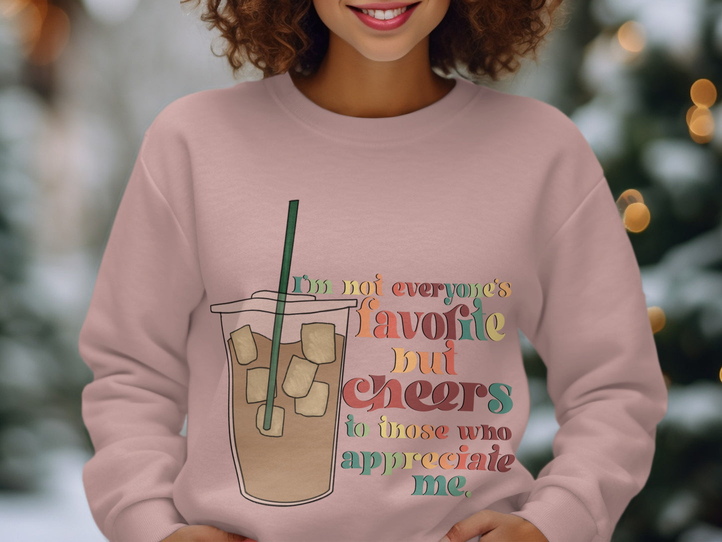 Colorful Sweater with Fun Ice Coffee Graphic Design