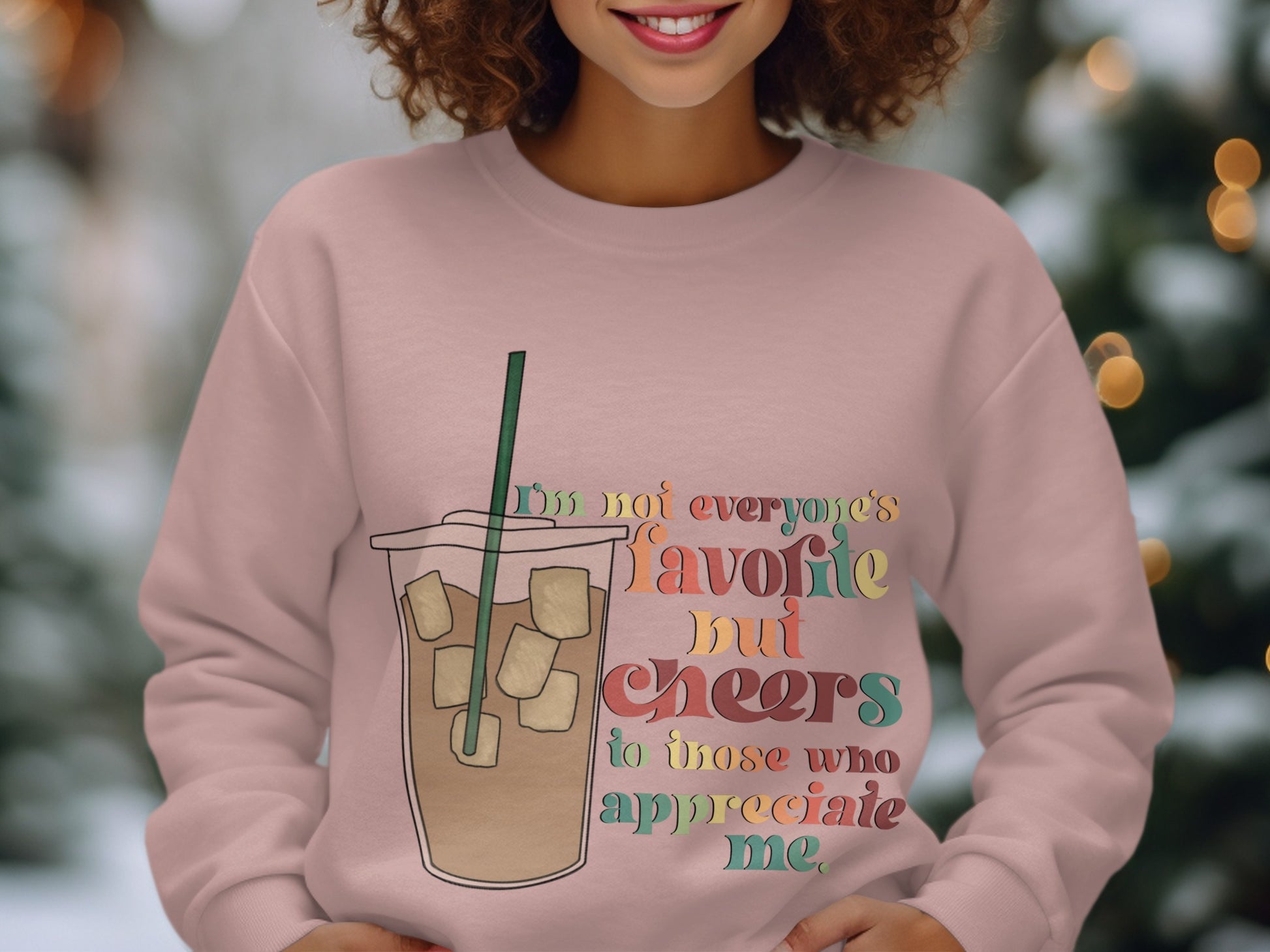 Colorful Sweater with Fun Ice Coffee Graphic Design