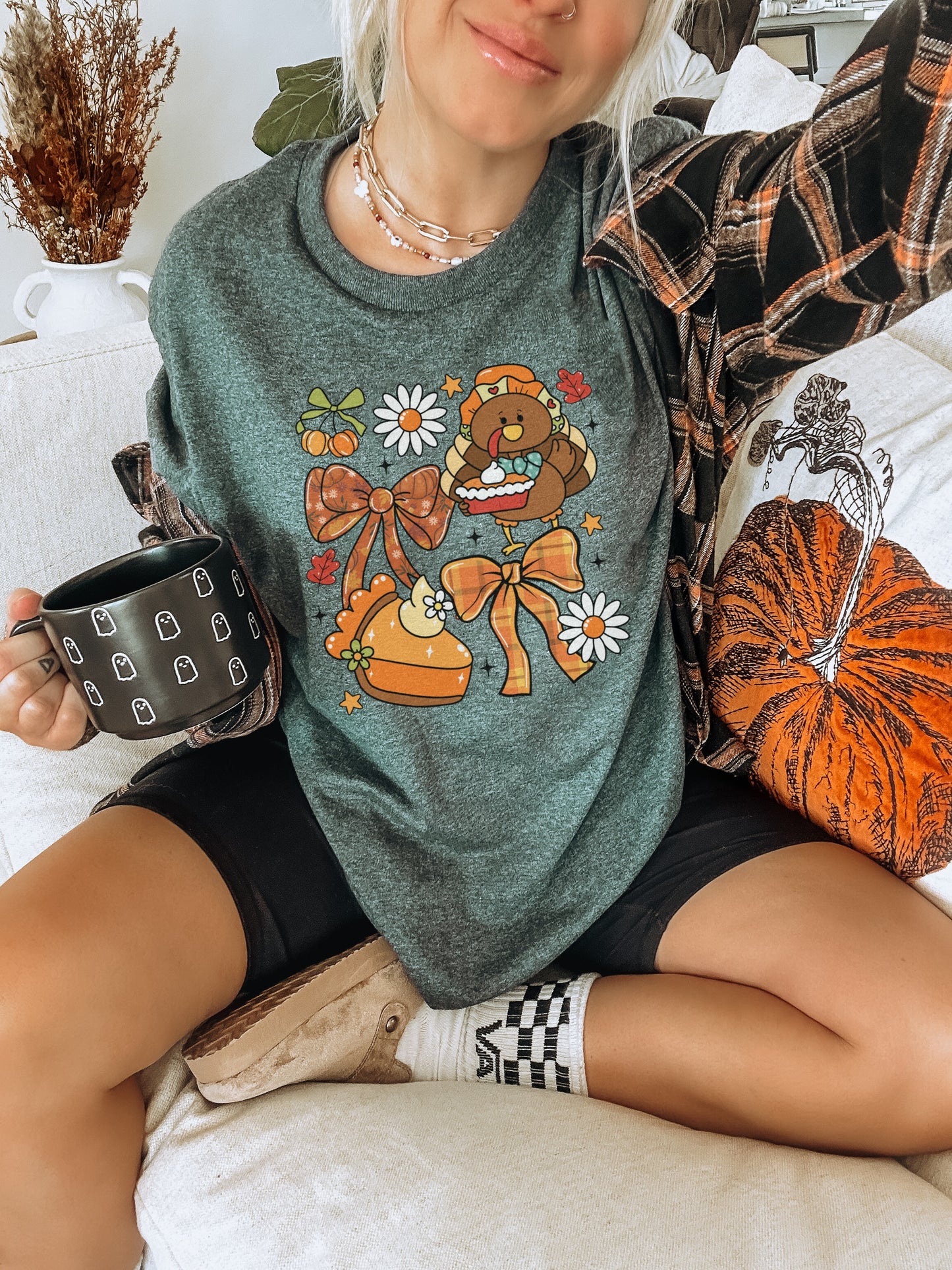 Cute Autumn Bear Graphic Tee with Fall Decorations