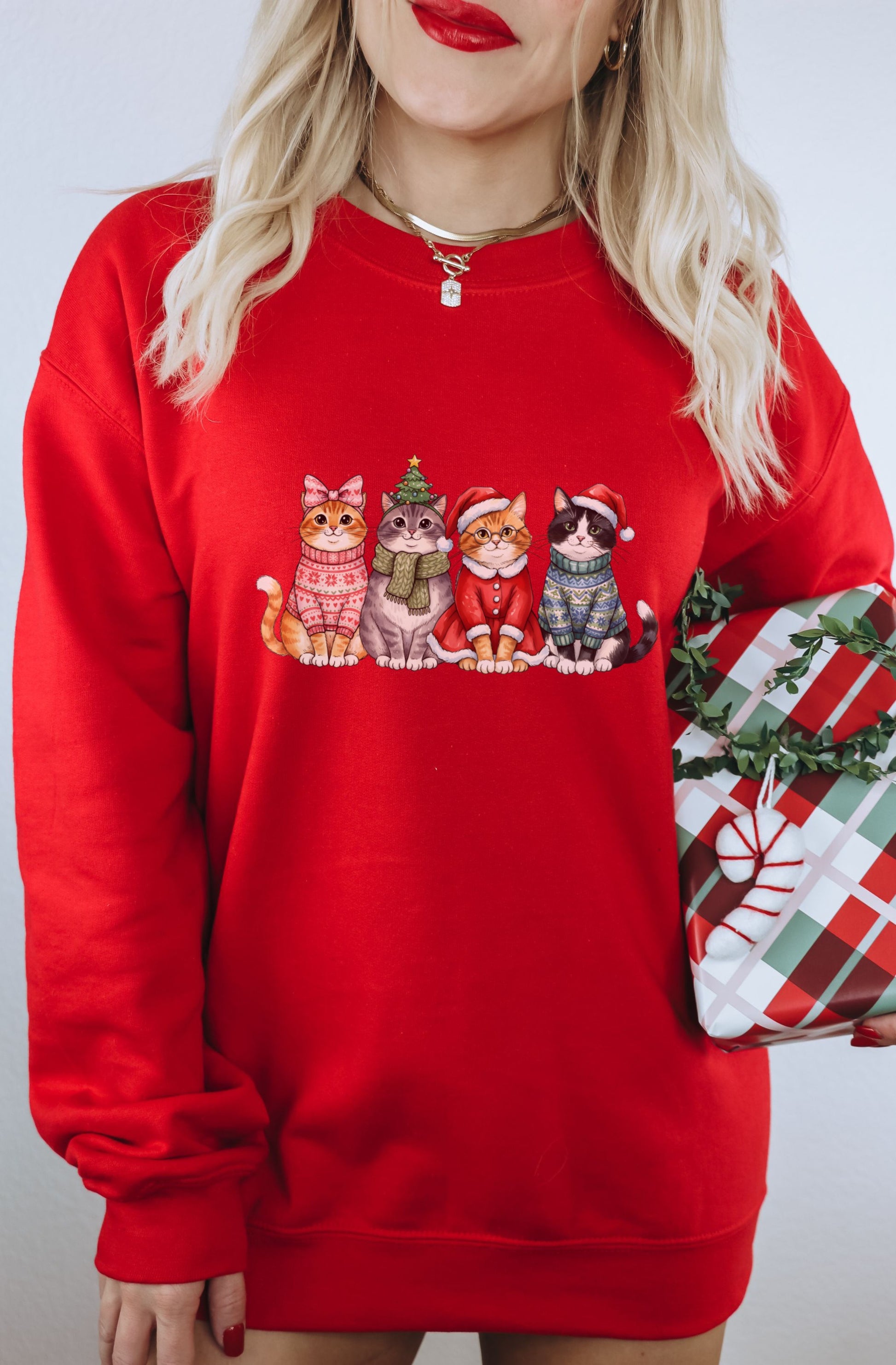 Christmas Cats Graphic Red Sweater Festive Pullover