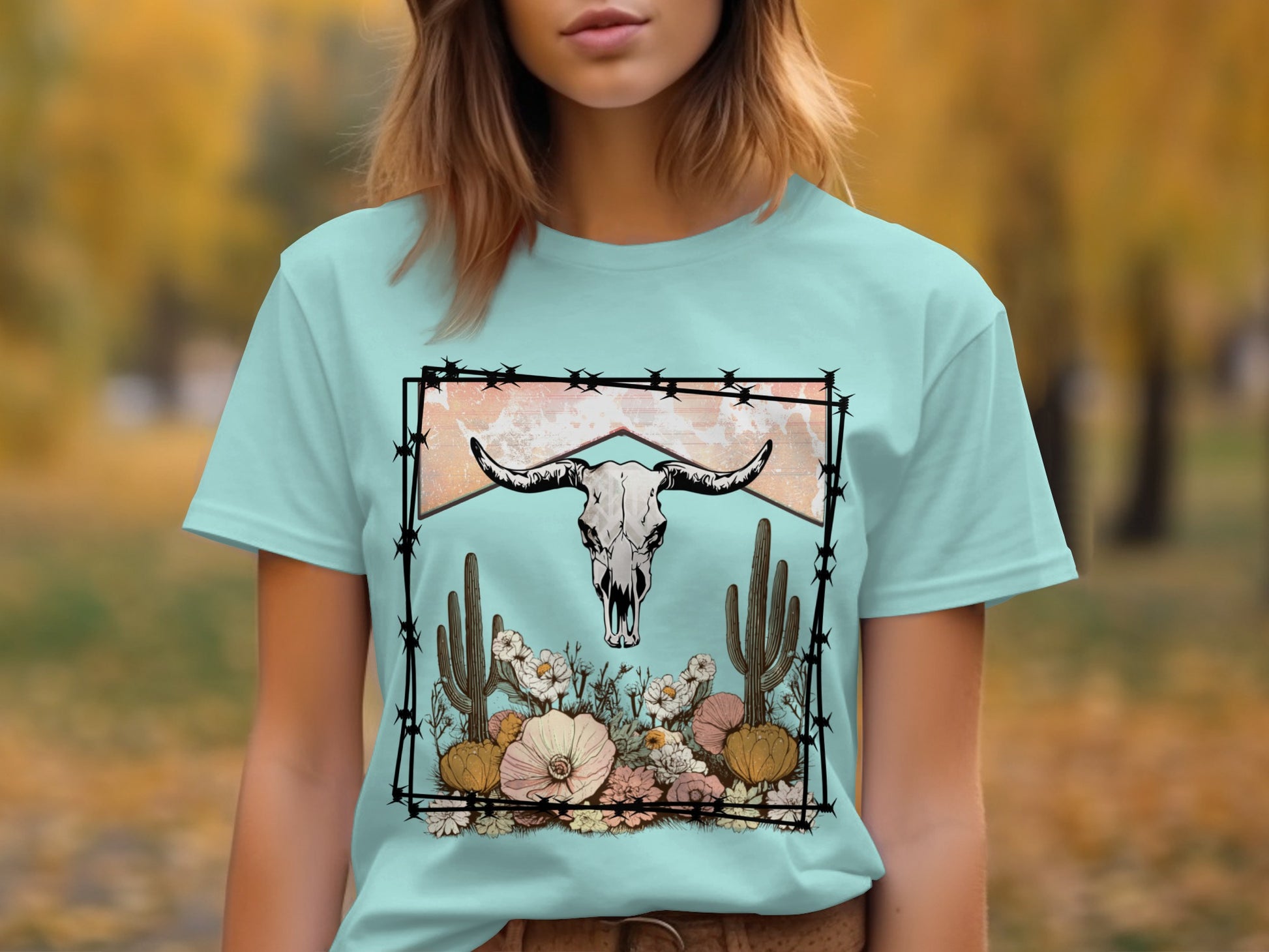 Bull Skull and Cactus Graphic Design T-shirt Product