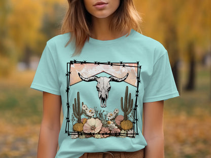 Bull Skull and Cactus Graphic Design T-shirt Product
