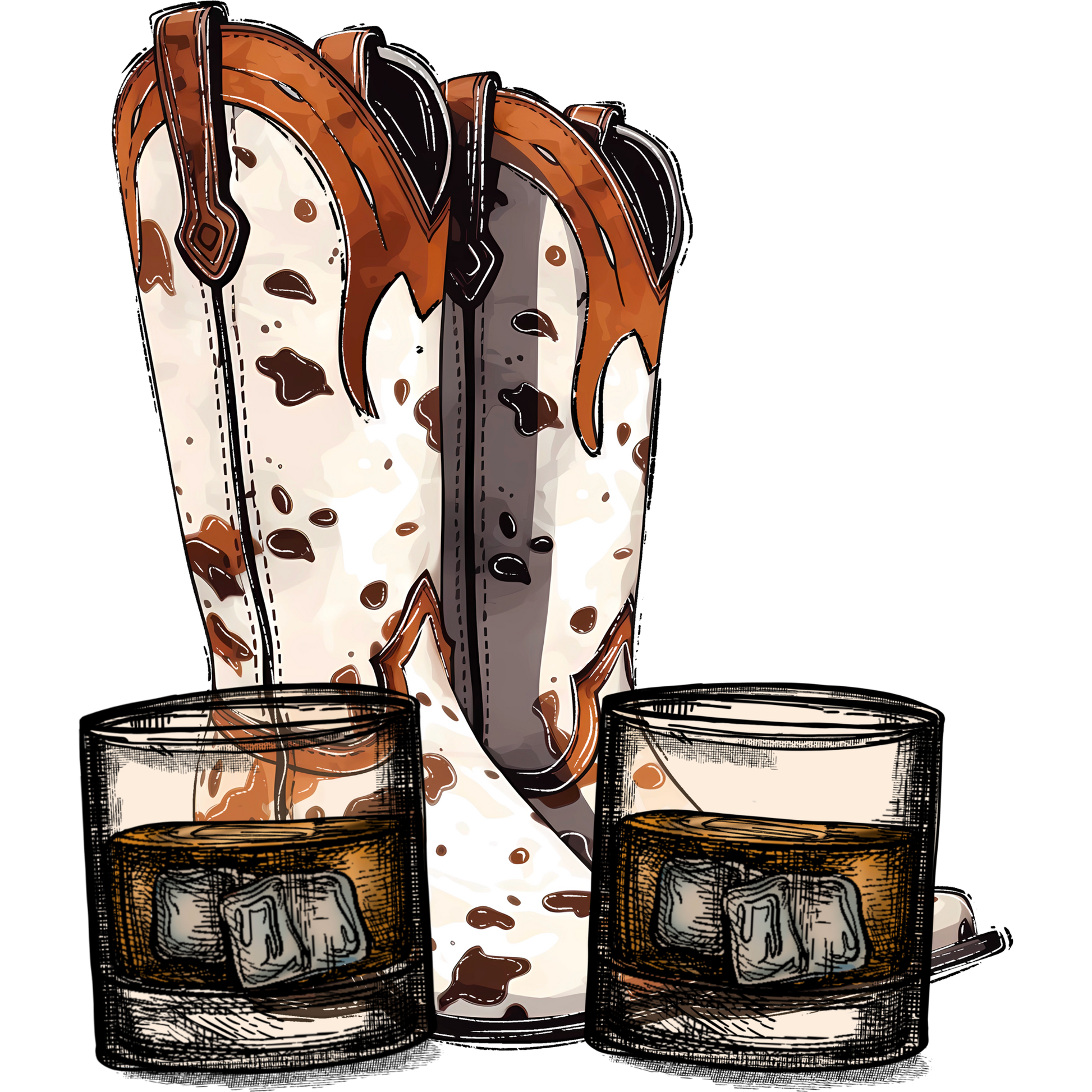 Western Style Boots with Whiskey Glasses Print