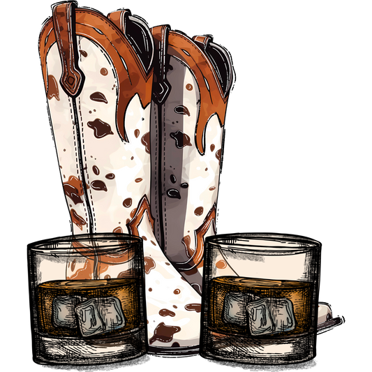 Western Style Boots with Whiskey Glasses Print
