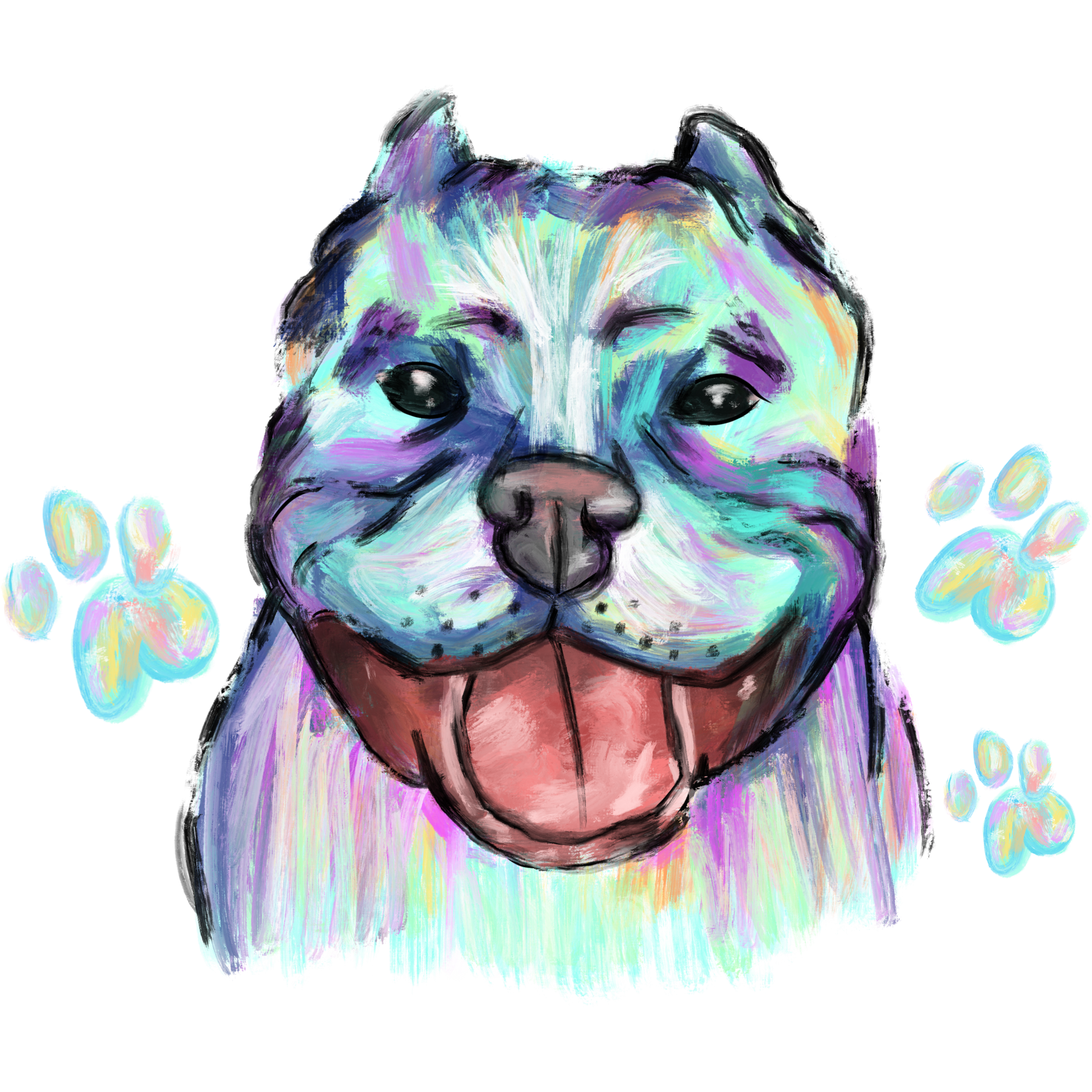 Colorful Dog Portrait with Paw Prints Artwork