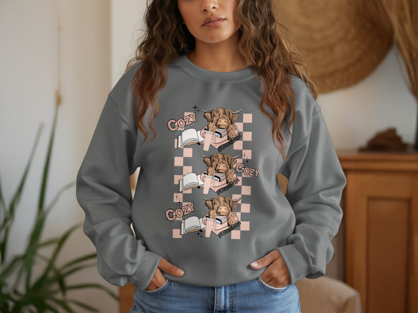 Cozy Dog and Book Design on Grey Sweatshirt
