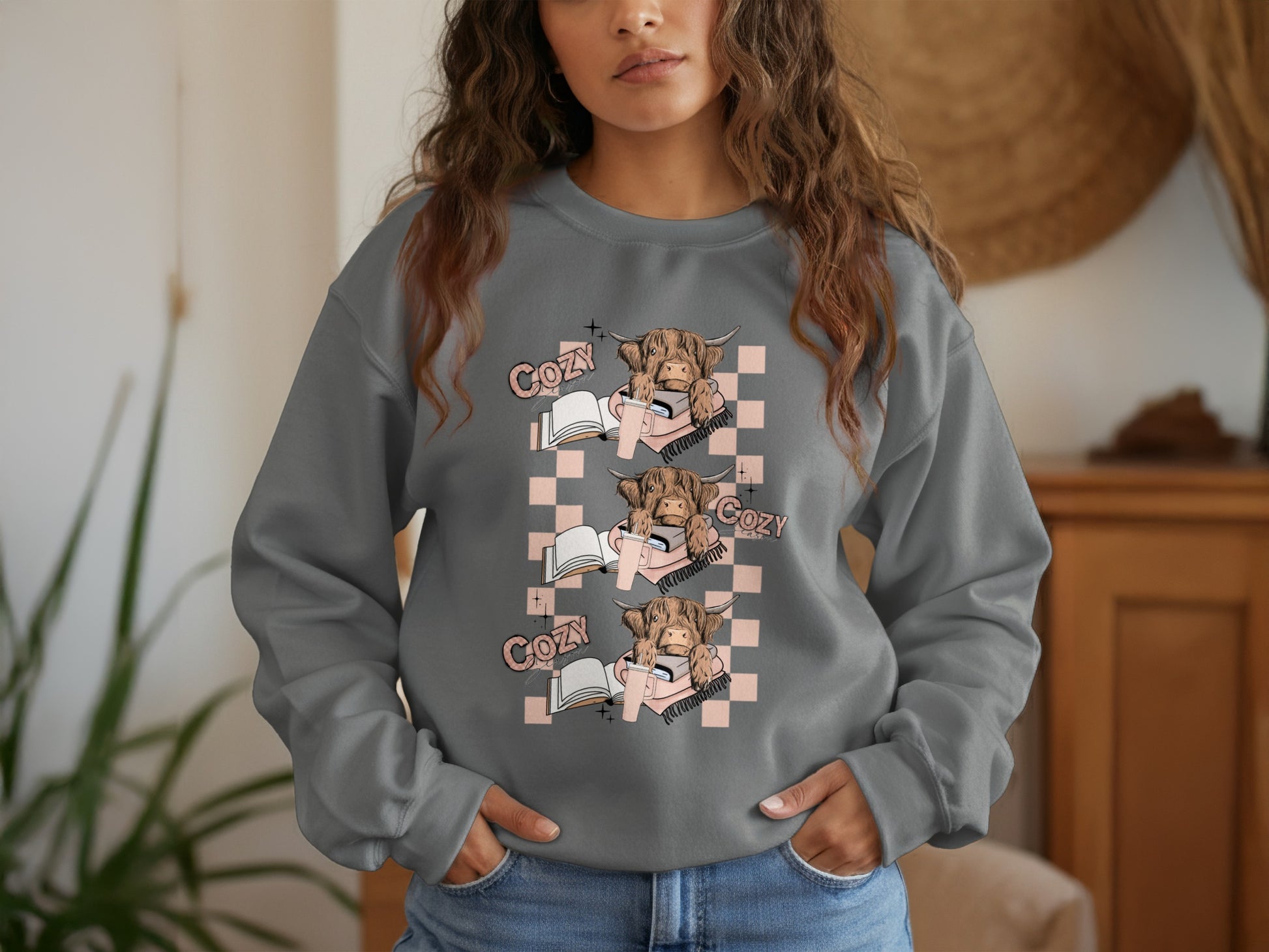 Cozy Dog and Book Design on Grey Sweatshirt