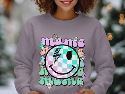 Cute Pastel Checkered Smiley Face Mama Sweatshirt