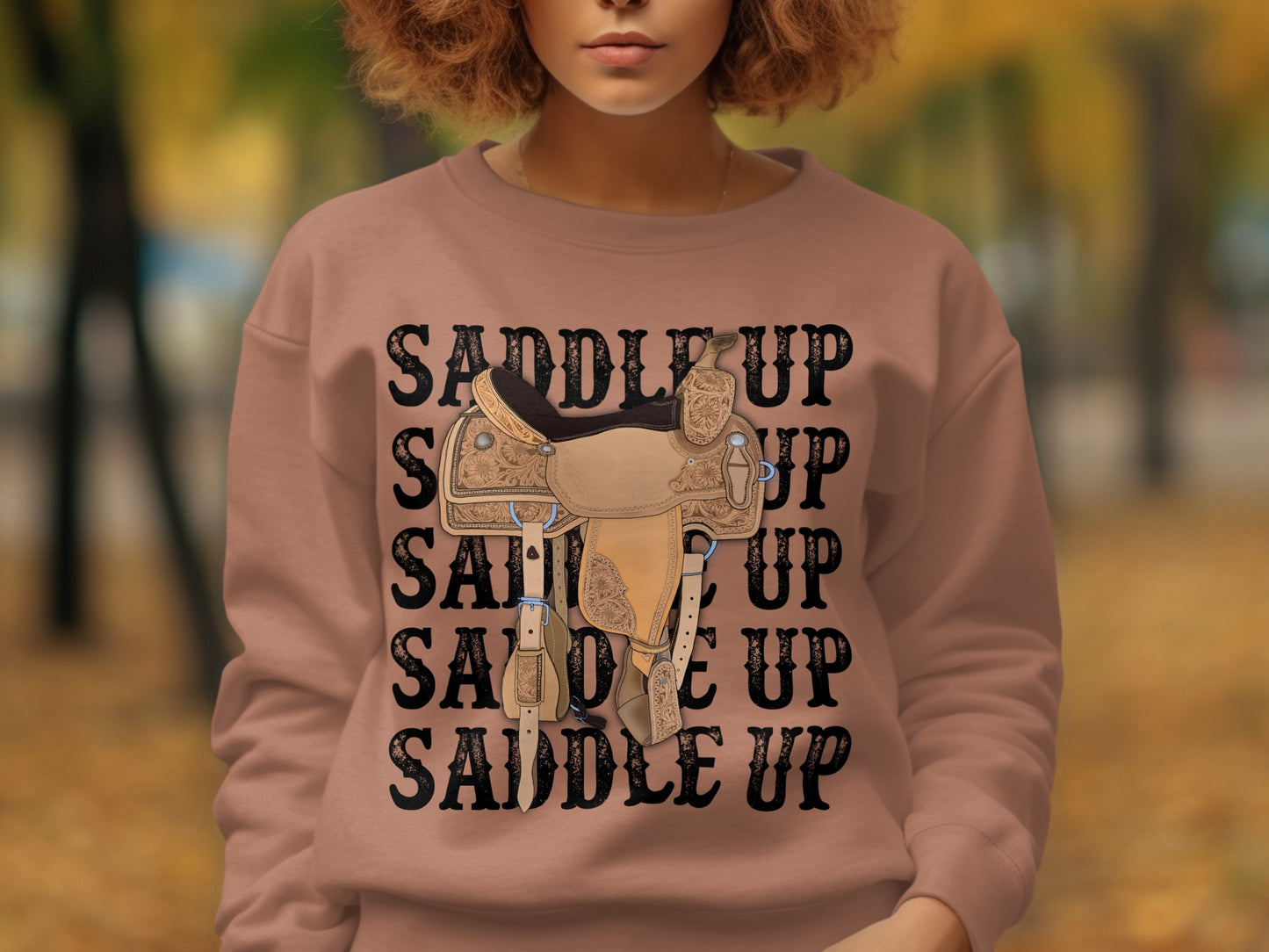 Saddle Up Graphic Sweatshirt with Horse Saddle Design
