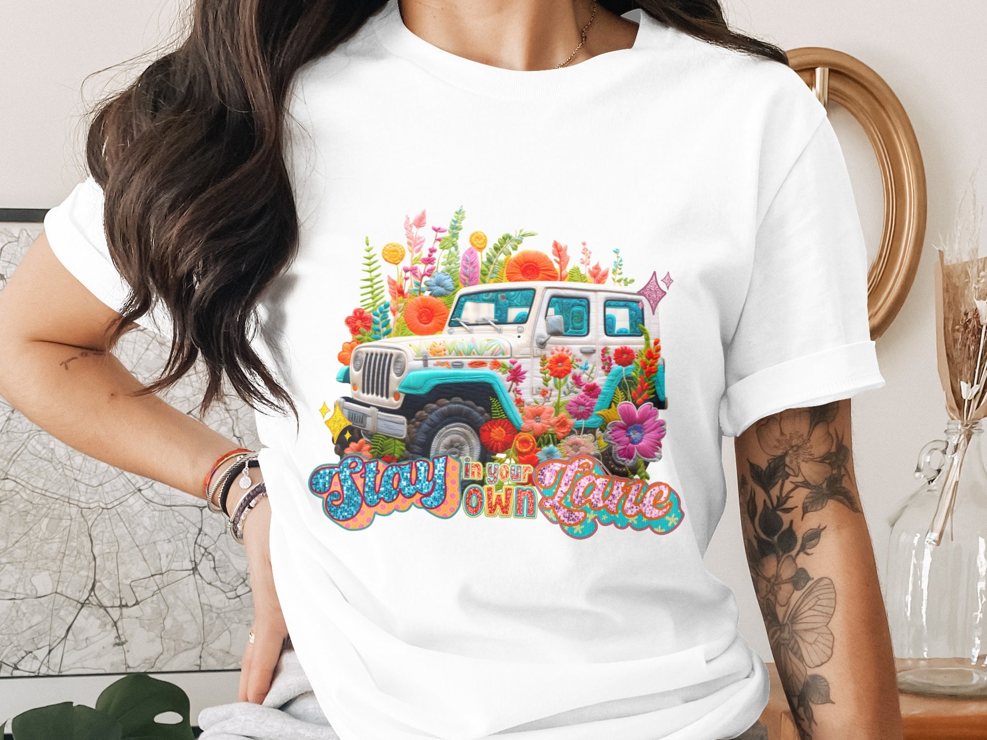 Retro Floral Jeep Graphic Tee Shirt Statement Top