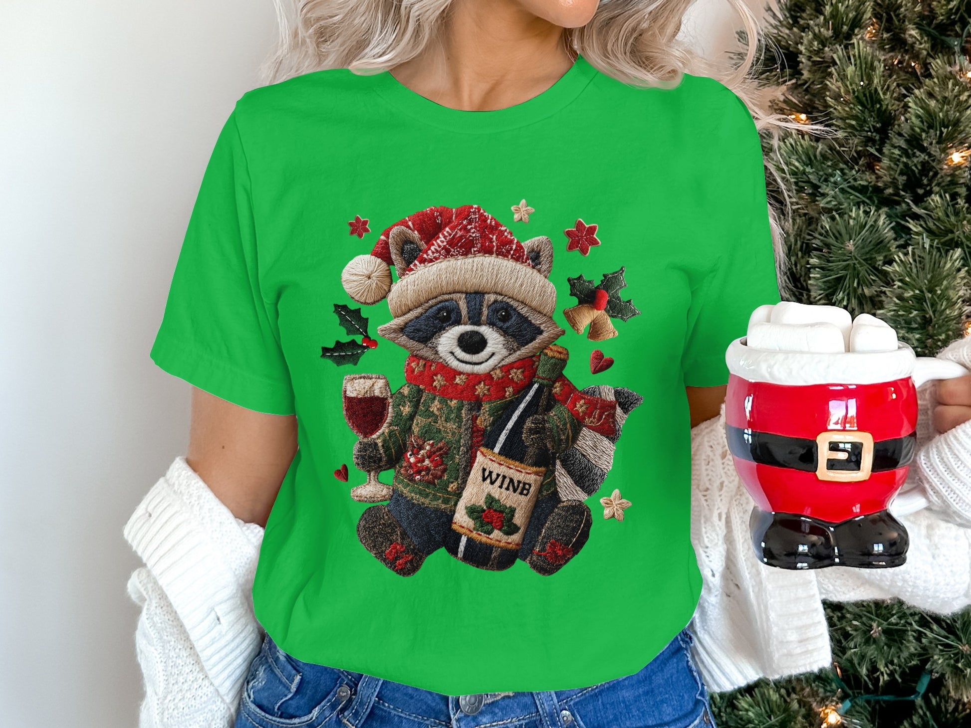 Christmas Raccoon Wine Lover Ugly Christmas T-Shirt