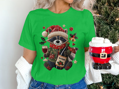 Christmas Raccoon Wine Lover Ugly Christmas T-Shirt
