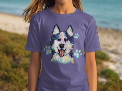 Husky Dog Art T-Shirt with Colorful Paw Prints Design