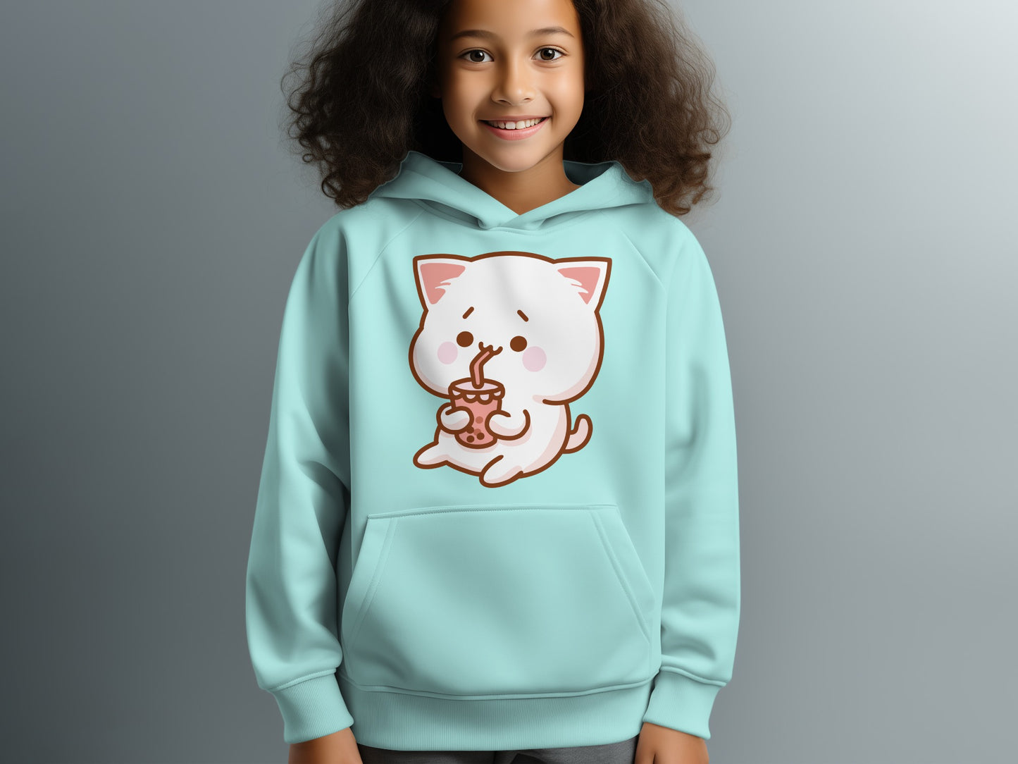 Cute Cat Drinking Bubble Tea Hoodie for Kids