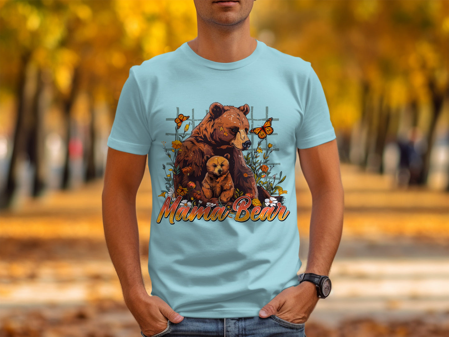 Mama Bear Design Graphic Tee with Autumn Background