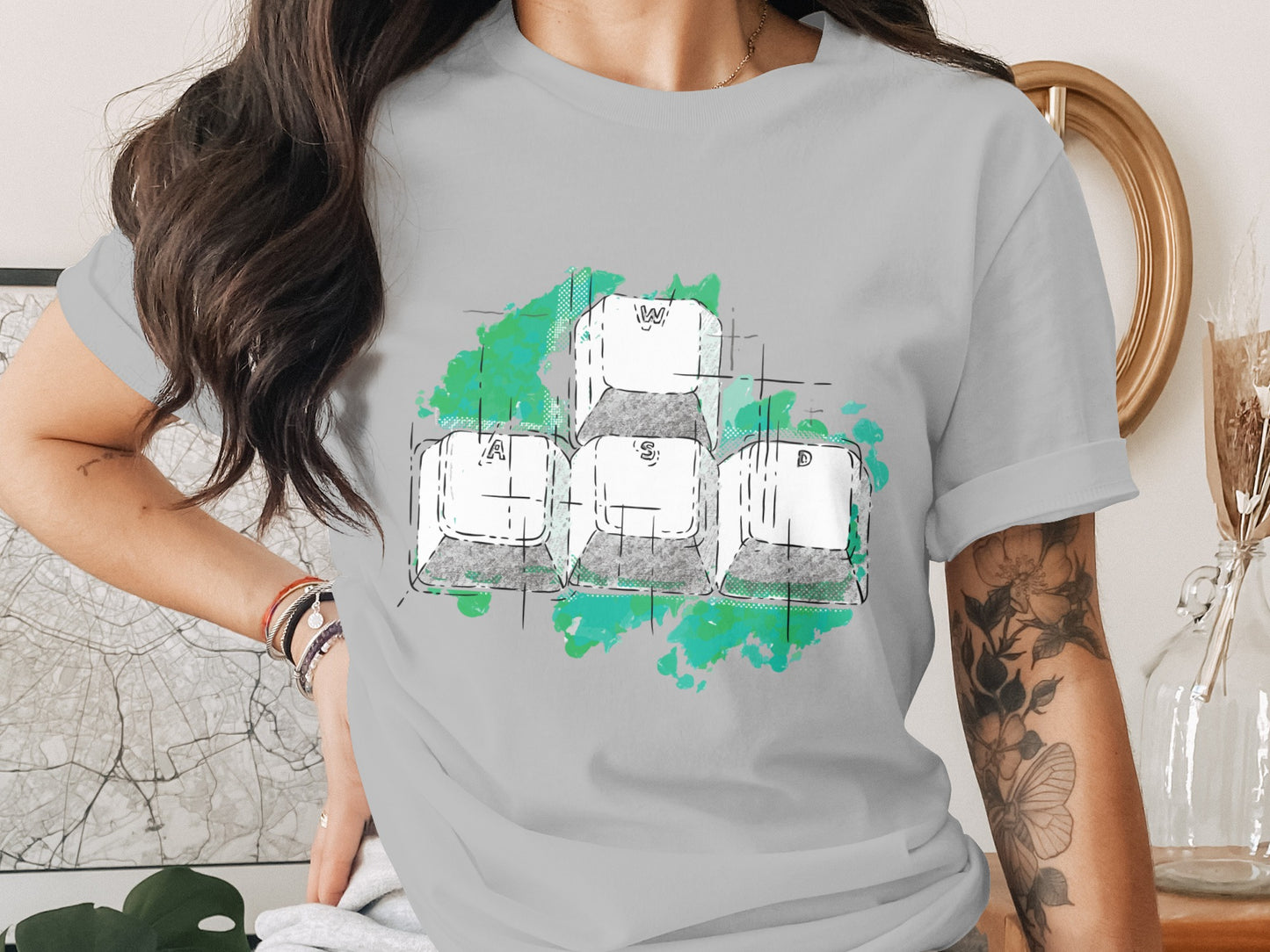 Gray Stylish Graphic Tee with Gaming Keys Design