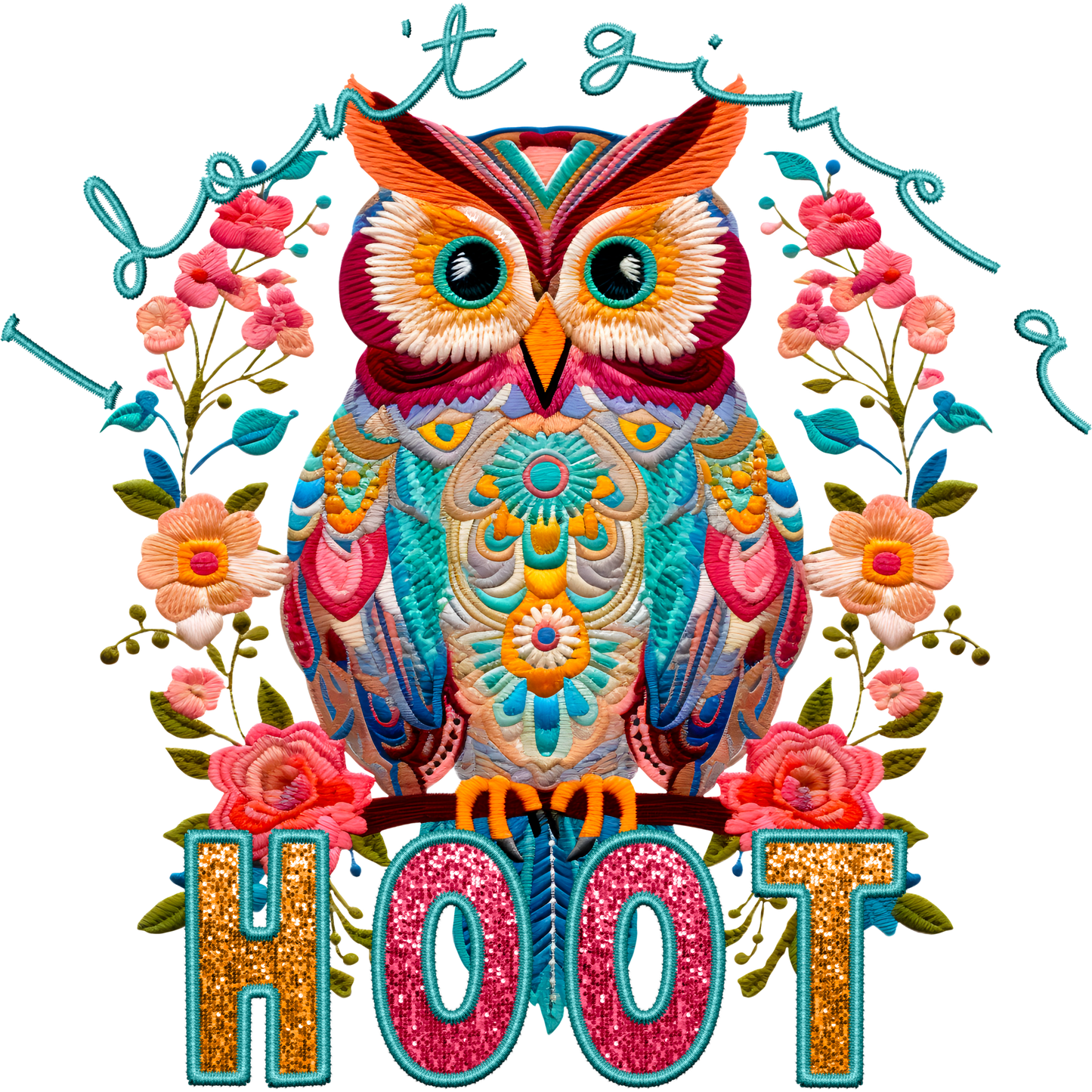 Colorful Owl Embroidered I Don't Give a Hoot Design